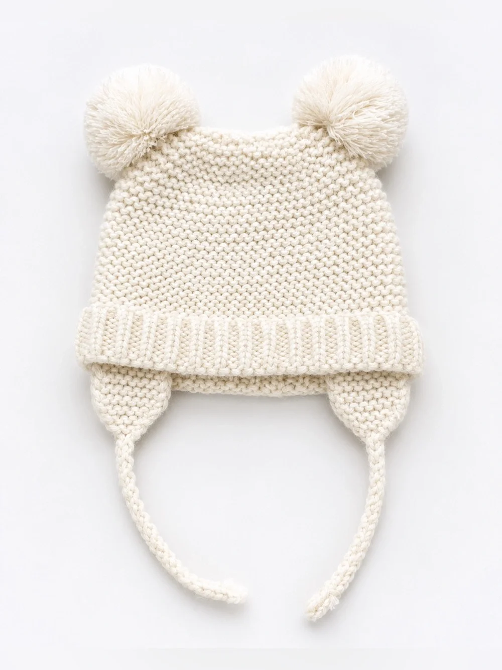 Baby Knit Winter Hat White Double Pom Pom Earflap Beanie 0-6 Months Infant